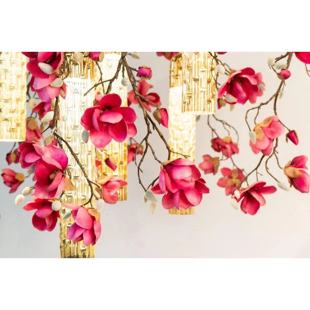 Large Flower Power Fuchsia Magnolia Round Chandelier with 24k Gold Pipes from VGnewtrend, Italy For Sale - Image 9 of 10