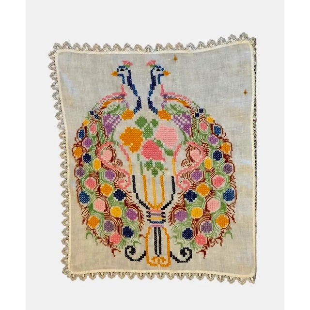 Vintage Peacock Embroidered Tapestry Art Cloth Panel— Gorgeous hand stitched lace bordered panel can serve as a wall...