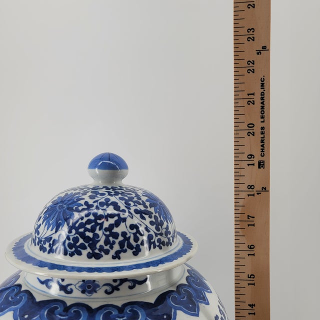 Vintage Large Hand-Painted Chinoiserie Blue & White Lotus Temple Porcelain Jar With Lid For Sale - Image 18 of 18