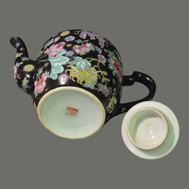 Ceramic Vintage Famille Noire Jingdezhen China Millefleur Painted Enamel Tea Pot For Sale - Image 7 of 11