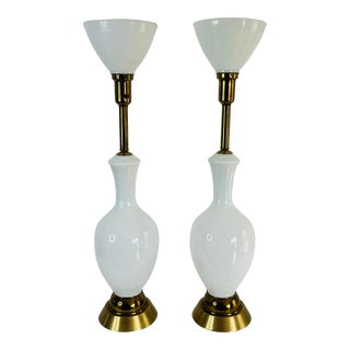 Vintage 1950s Tall White Glass Table Lamps, a Pair For Sale