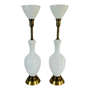 Vintage 1950s Tall White Glass Table Lamps, a Pair