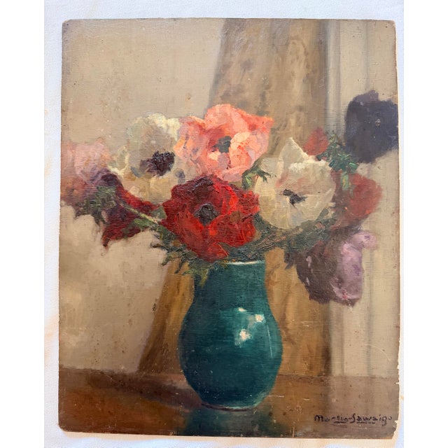 Almond Bouquet of Anemones, Oil Painting on Panel, Signed Charles Martin-Sauvaigo 1966 For Sale - Image 8 of 12