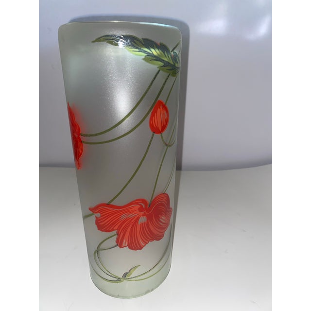 Art Style and Nouveau Vase . Large Early 20th Century Art Nouveau Green Cylinder Frosted Glass Vase With Floral Motif For Sale - Image 12 of 12