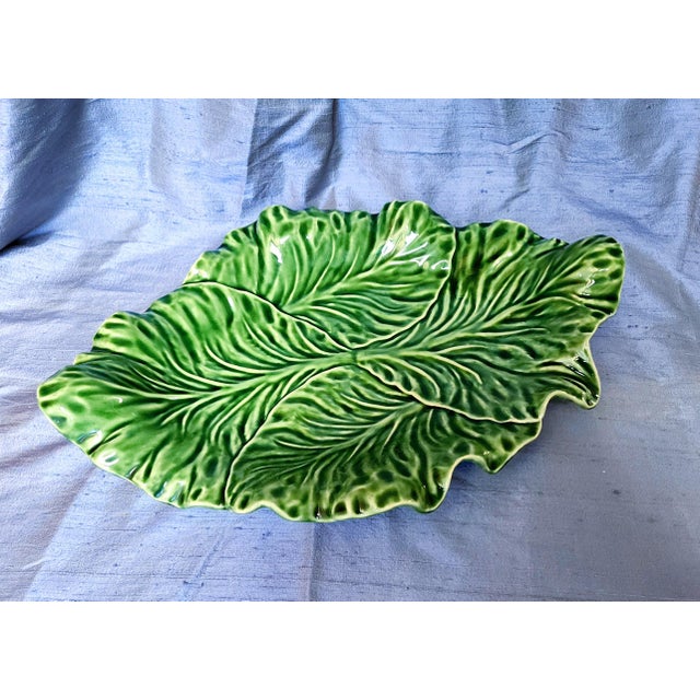 Mid-Century Modern Late 20th Century 17" Portugese Cabbageware Leaf Tray Trompe l'Oeil Majolica For Sale - Image 3 of 9
