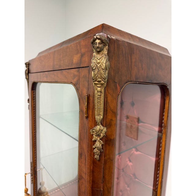 Wood Antique French Walnut & Ormolu Mounted Vitrine Display Cabinet With Tufted Fabric Interior For Sale - Image 7 of 10