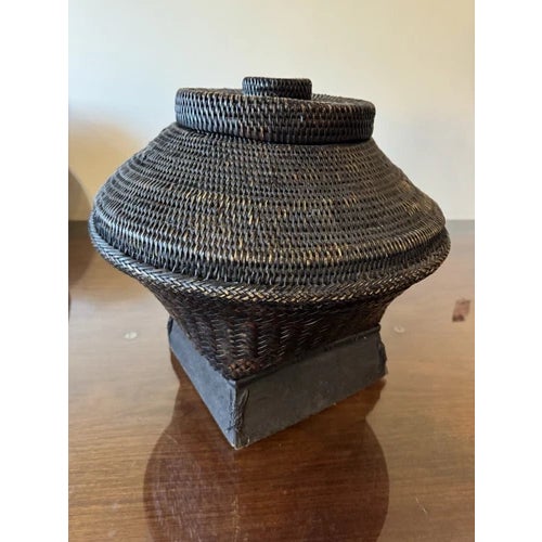 Vintage 17.5" Philippines Ifugao Rattan Woven Lidded Basket on Stand. Very nice, sturdy and sound condition. Slightly...