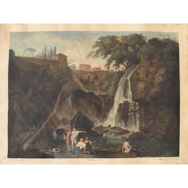 La Cascade, an 18th-century hand-colored landscape engraving depicting a waterfall, bridge, distant buildings and figures...