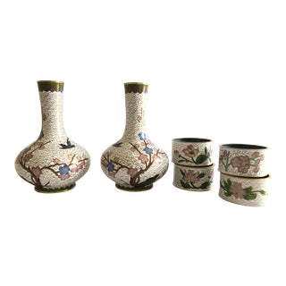 Chinese Cloisonne Bud Vases and Napkin Rings - 6 Pieces For Sale