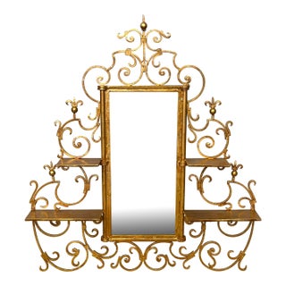 Mid-Century Italianate Gilt Iron Etegere Wall Mirror W/ Shelves For Sale