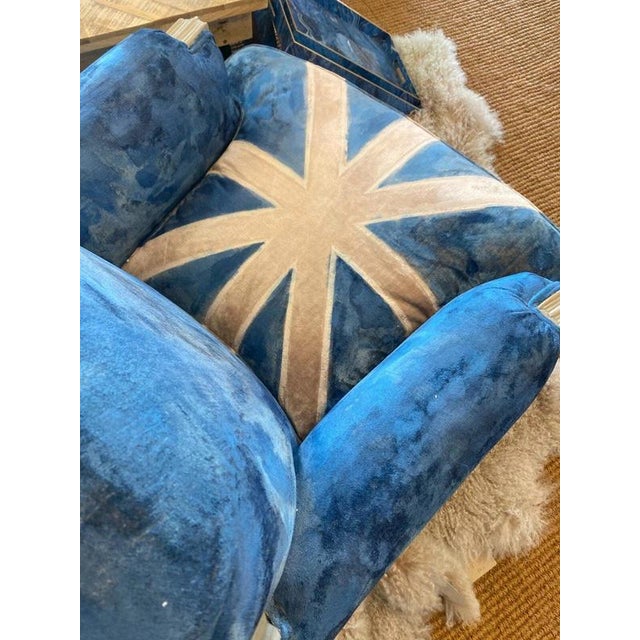 2000 - 2009 Union Jack Lounge Chair with Carved Frame and Custom Painted Velvet For Sale - Image 5 of 17