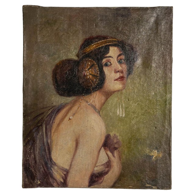 1910s French Signed Oil on Canvas Portrait For Sale - Image 10 of 18