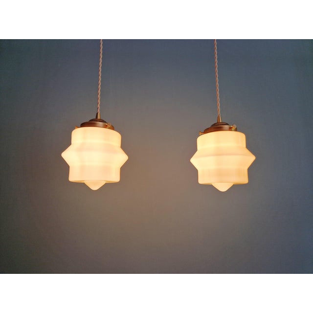 Metal Art Deco Pendant Lights in Cream Opaline Glass, 1930s, Set of 2 For Sale - Image 7 of 13