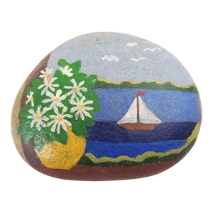 Vintage Coastal Scene Hand Painted Rock Paperweight