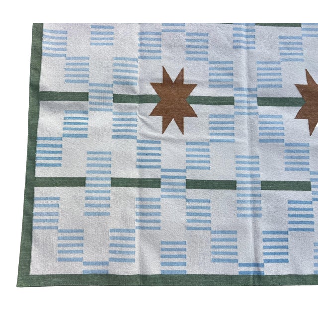 Handmade Cotton Vegetable Dyed Area Rug, Cream, Sky Blue, Sage Green Star Dash Dhurrie-12x15 For Sale - Image 10 of 12