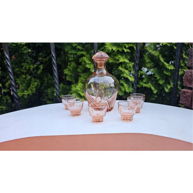 Art Deco Rosaline Glass Decanter and Glasses, 1930s, Set of 7 For Sale - Image 4 of 8