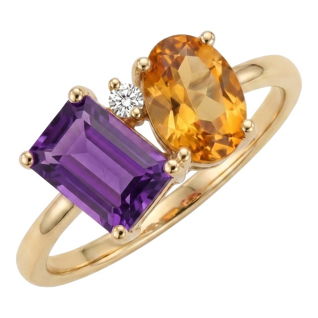 Amethyst & Citrine Toi Et Moi Ring | 18k Gold Plated Emerald Cut & Oval Gemstone Ring | Two Stone Cluster Ring Us 7 For Sale