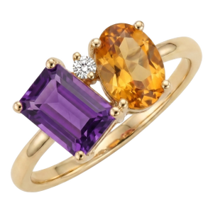 Amethyst & Citrine Toi Et Moi Ring | 18k Gold Plated Emerald Cut & Oval Gemstone Ring | Two Stone Cluster Ring Us 7