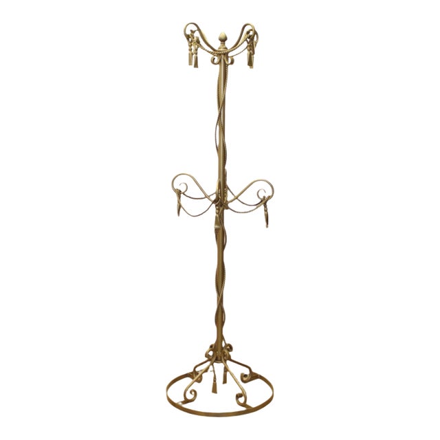 1970s Gold Metal Rope & Tassels Coat Rack, Tall Regency Style For Sale
