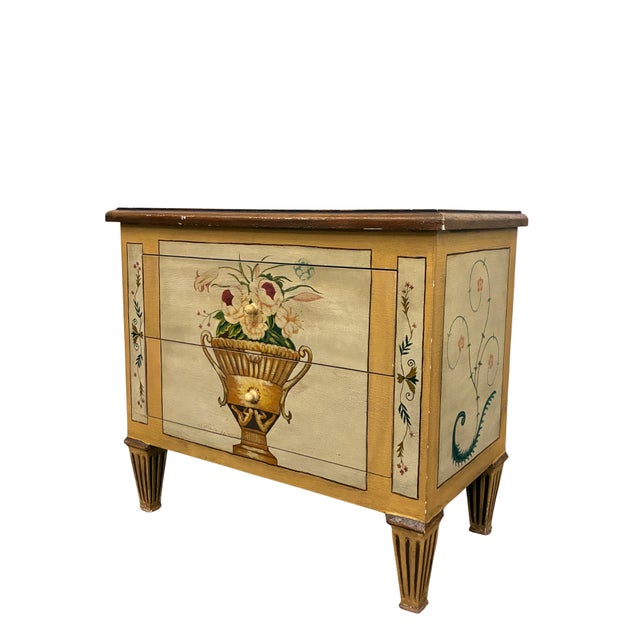 Beautiful vintage two-drawer accent chest featuring hand-painted Neoclassical-style decoration throughout. The front is...