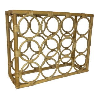 Vintage Coastal Boho Chic Wicker and Rattan Tabletop Wine Rack for 12 Bottles. For Sale
