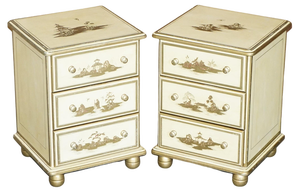 Vintage Chinese Cream & Gold Leaf Painted Bedside Table, Set of 2