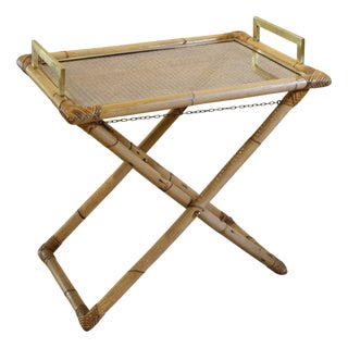 Liquor Bottle Trolley in Bamboo Cane, Removable Glass and Vienna Straw Top Embellished with Brass Handles in the Tito Agnoli Style, 1960s For Sale