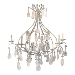 1980s Large Silver Leaf Wrought Iron and Rock Crystal Chandelier For Sale