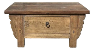 Chinese Vintage Rustic Wood Brown Drawer Low Kang Table Display Stand