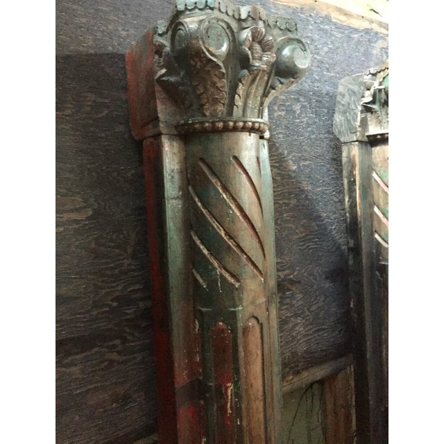 1920s Vintage Painted Carved Wall Mounted Teak Wood Columns- A Pair For Sale - Image 11 of 13