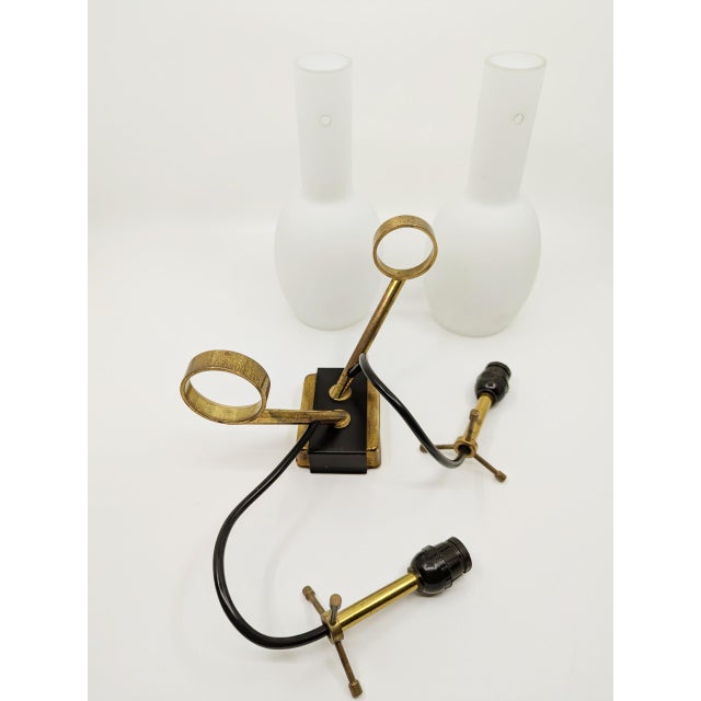 Mid-Century Italian Black Metal, Brass and Opaline Glass Sconces, 1950s, Set of 2 For Sale - Image 4 of 18