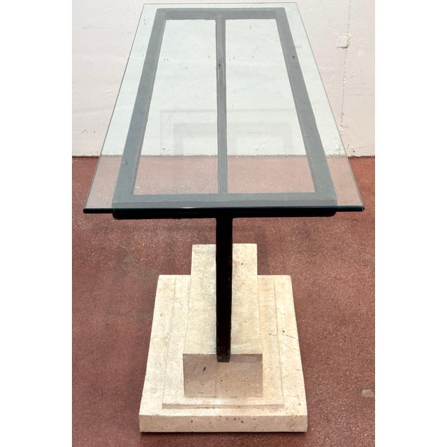 Southwest Style Mid-Century Sunburst Console Table Travertine Base and Glass Top For Sale - Image 17 of 18