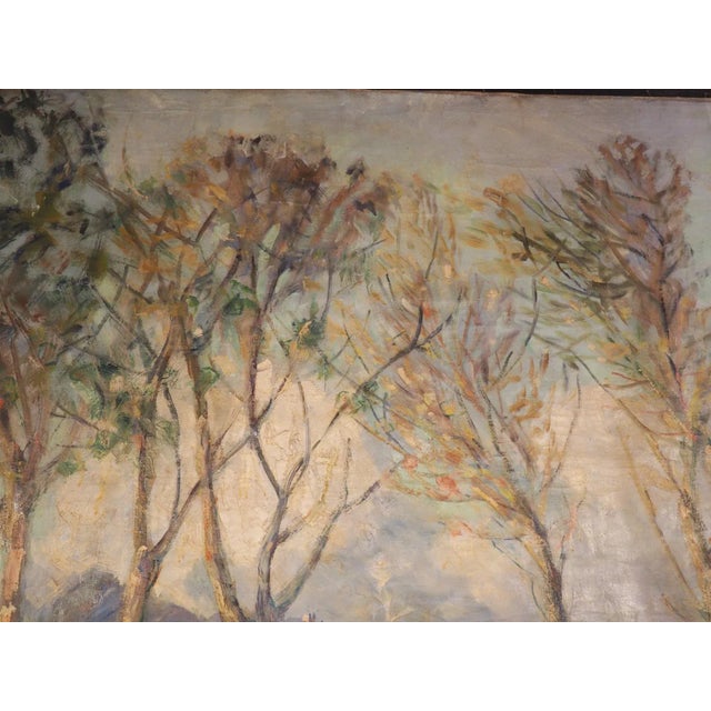 1960s Large French Landscape Painting of a Hunter and Hillside Village, Signed and Dated 1962 For Sale - Image 5 of 12