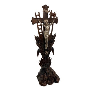 Antique French Handcrafted Wood Crucifix With Pewter Finish Figurine For Sale