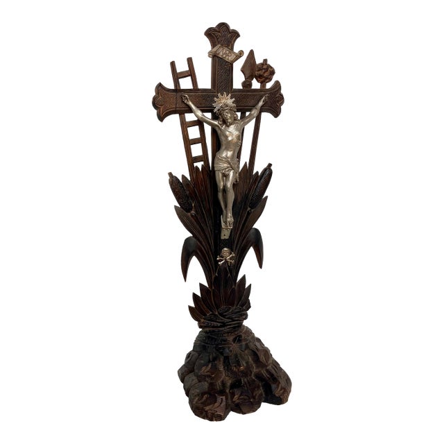 Antique French Handcrafted Wood Crucifix With Pewter Finish Figurine For Sale