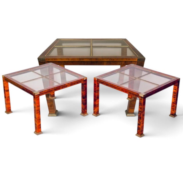 Rare 1970s Hollywood Regency Flamed Burl Wood, Copper, Brass, and Glass 4-Piece Table Set For Sale - Image 9 of 12