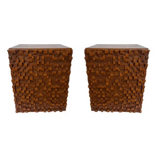 Contemporary Pair of Wood Marquetry Cube Bedside Tables. Italy For Sale