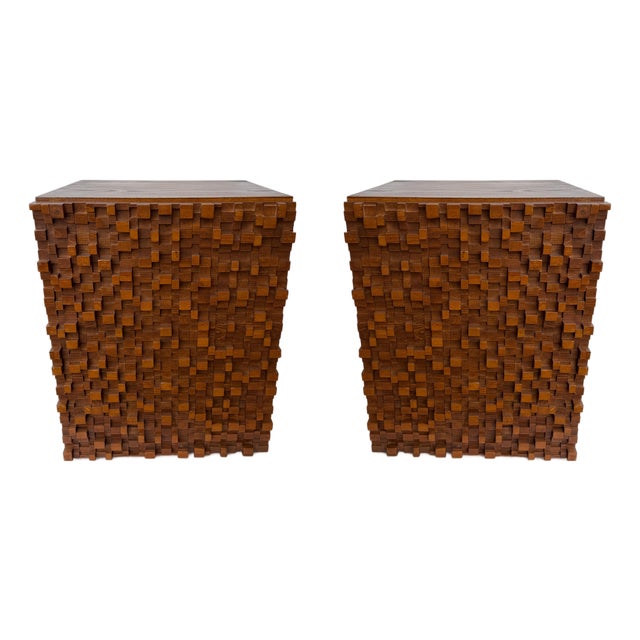 Contemporary Pair of Wood Marquetry Cube Bedside Tables. Italy For Sale