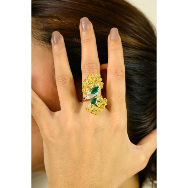 Not Yet Made - Made To Order Adjustable Contemporary Ring With Emeralds & Yellow Diamonds Size 7 For Sale - Image 5 of 11