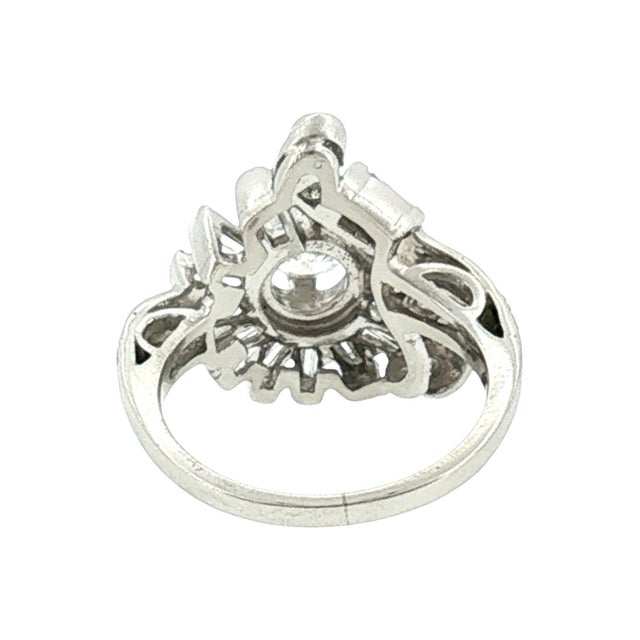 Mid-Century Modern 1940's Platinum Round and Baguette Diamond Dinner Ring, Size 5.75 For Sale - Image 3 of 5