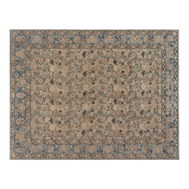 Authentic 19th Century Persian Tabriz Beige Blue Handmade Wool Carpet For Sale