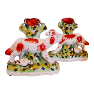Pair of Staffordshire Bird Dog With Quail Spill Vases