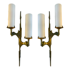 Pair of Gilt Bronze and Opaline Glass Sconces by Maison Arlus, France, 1960s