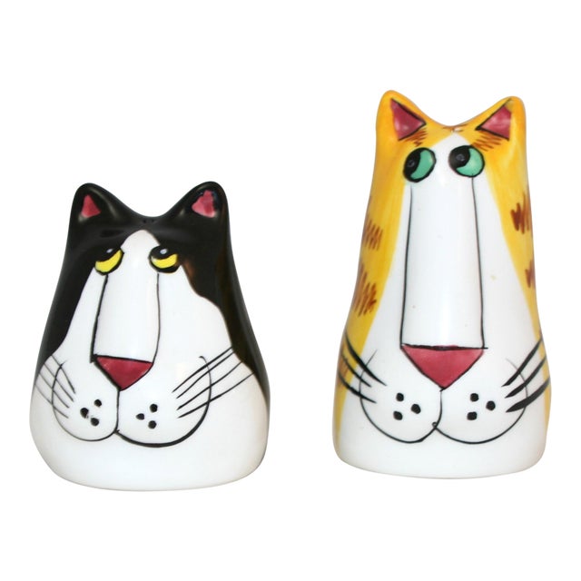 Vintage Candace Reiter Designs Catzilla Ceramic Hand Painted Salt & Pepper Shakers For Sale