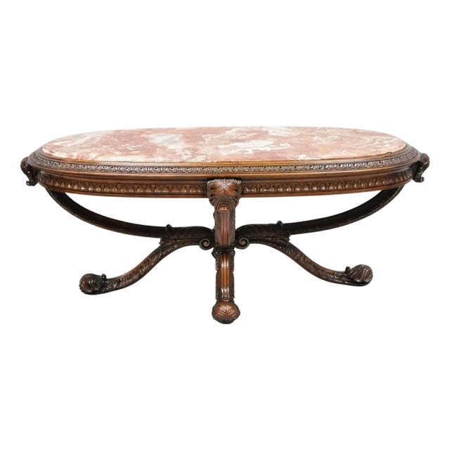 Antique Grosfeld House French Regency Plume Carved Mahogany Marble Coffee Table For Sale