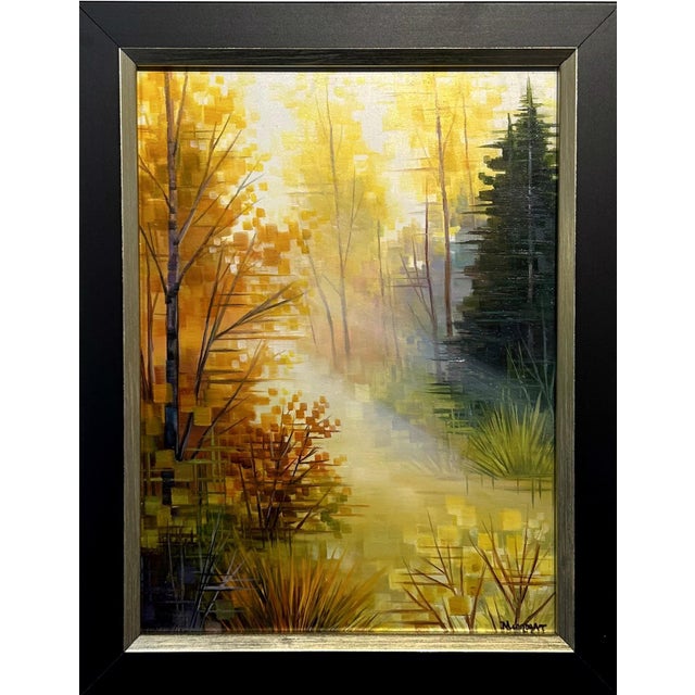 Golden Light captures a tranquil landscape bathed in warm autumn hues, where trees and foliage emerge softly from a golden...