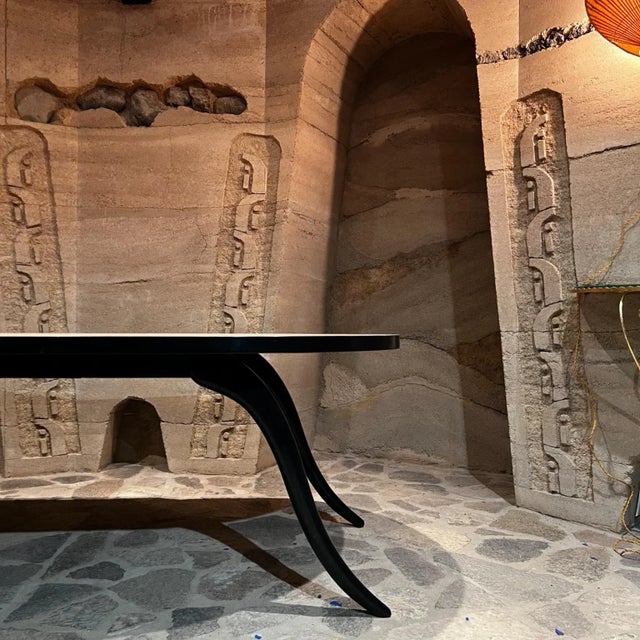 1950s Eugenio Escudero Ebonized Mahogany Dining Set and Six Velvet Chairs Mexico For Sale - Image 11 of 13