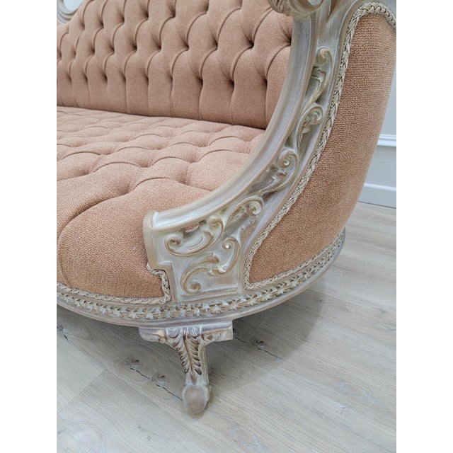 Vintage French Rococo Sofa – Tufted Louis XV Style Couch in Textured Linen Fabric, Ornate Carved Wood Settee, Warm Terracotta For Sale - Image 11 of 11