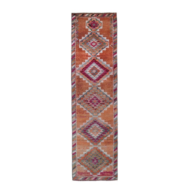 1970s Turkish Handmade Orange Diamond Wool Runner Rug For Sale - Image 9 of 9