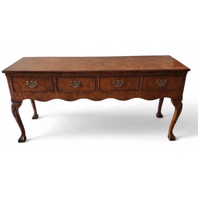 ​1990s burled elm Queen Anne styled 4 drawer sideboard. Queen Anne legs, carved ball & claw feet Measures 66 inches wide X...